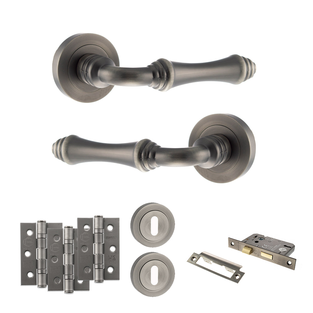 Quality image of Old English Durham Door Handle Pack (3 Lever Lock Set - 3" CE Sashlock, 3" Fire Rated Hinges x3) - Matt Gun Metal | Sku. adpoe127mbn15 | available from Trade Door Handles.