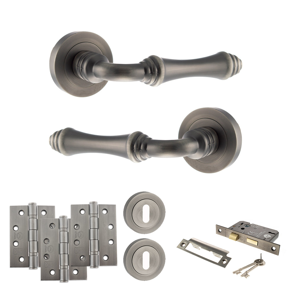 Quality image of Old English Durham Door Handle Pack (3 Lever Lock Set - 2.5" CE Sashlock, 4" Fire Rated Hinges x3) - Matt Gun Metal | Sku. adpoe127mbn16 | available from Trade Door Handles.