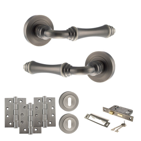 Quality image of Old English Durham Door Handle Pack (3 Lever Lock Set - 3" CE Sashlock, 4" Fire Rated Hinges x3) - Matt Gun Metal | Sku. adpoe127mbn17 | available from Trade Door Handles.