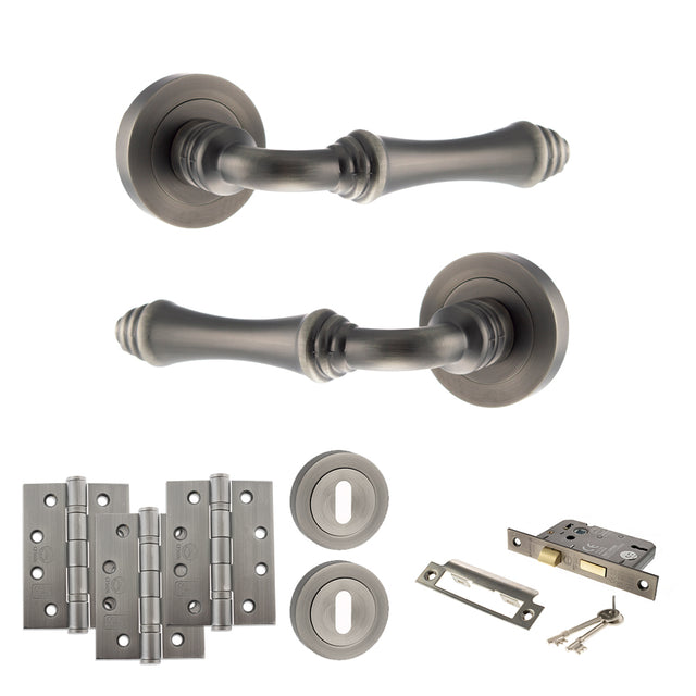 Quality image of Old English Durham Door Handle Pack (3 Lever Lock Set - 3" CE Sashlock, 4" Fire Rated Hinges x3) - Matt Gun Metal | Sku. adpoe127mbn17 | available from Trade Door Handles.