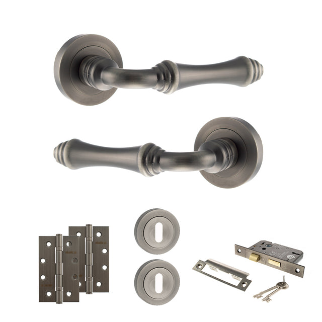 Quality image of Old English Durham Door Handle Pack (3 Lever Lock Set - 3" CE Sashlock, 4" Slim Knuckle Hinges x2) - Matt Gun Metal | Sku. adpoe127mbn19 | available from Trade Door Handles.
