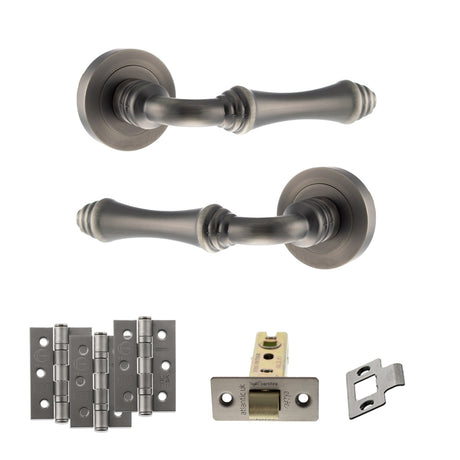 Quality image of Old English Durham Door Handle Pack (Latch Set - 2.5" CE Latch, 3" Fire Rated Hinges x3) - Matt Gun Metal | Sku. adpoe127mbn1 | available from Trade Door Handles.