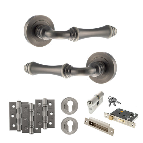 Quality image of Old English Durham Door Handle Pack (Euro Lock Set - 2.5" CE Sashlock, 3" Fire Rated Hinges x3) - Matt Gun Metal | Sku. adpoe127mbn20 | available from Trade Door Handles.
