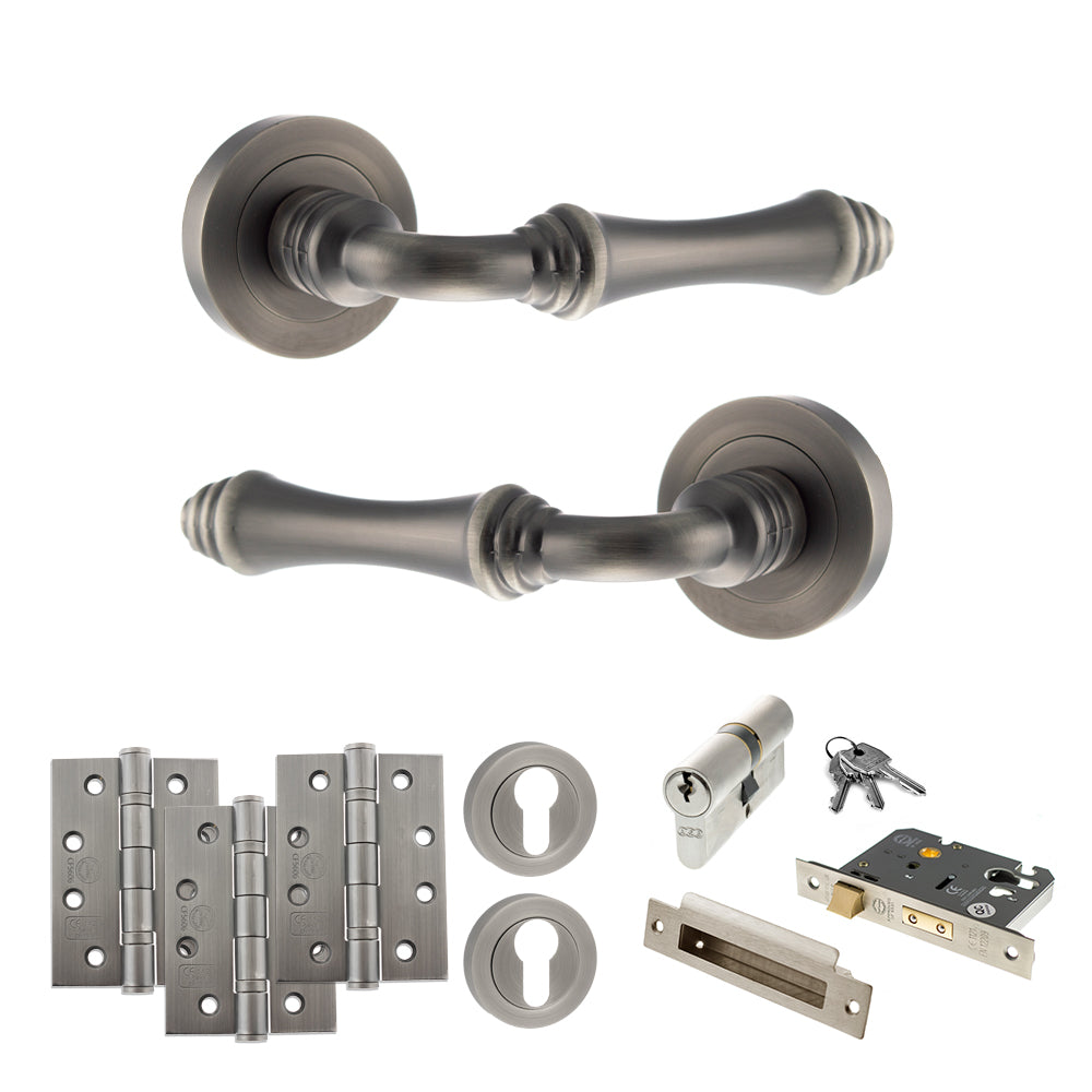Quality image of Old English Durham Door Handle Pack (Euro Lock Set - 2.5" CE Sashlock, 4" Fire Rated Hinges x3) - Matt Gun Metal | Sku. adpoe127mbn22 | available from Trade Door Handles.