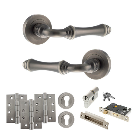 Quality image of Old English Durham Door Handle Pack (Euro Lock Set - 3" CE Sashlock, 4" Fire Rated Hinges x3) - Matt Gun Metal | Sku. adpoe127mbn23 | available from Trade Door Handles.