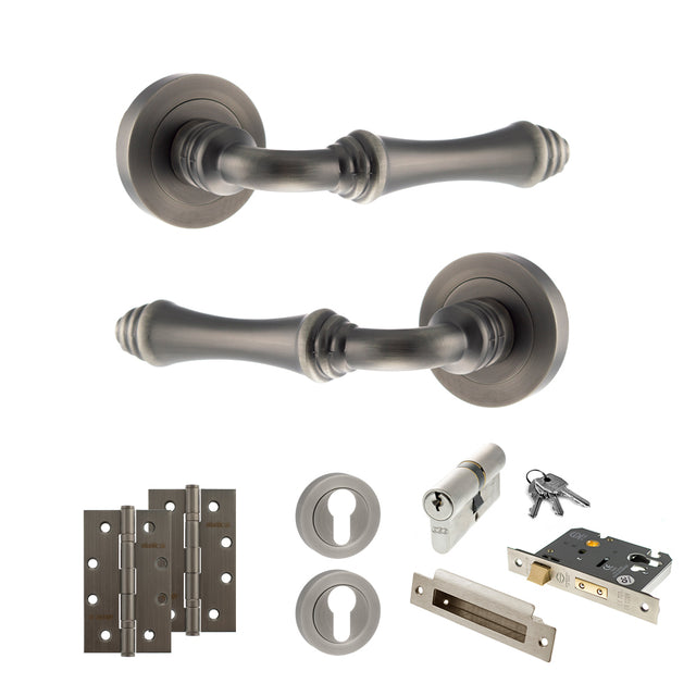 Quality image of Old English Durham Door Handle Pack (Euro Lock Set - 2.5" CE Sashlock, 4" Slim Knuckle Hinges x2) - Matt Gun Metal | Sku. adpoe127mbn24 | available from Trade Door Handles.