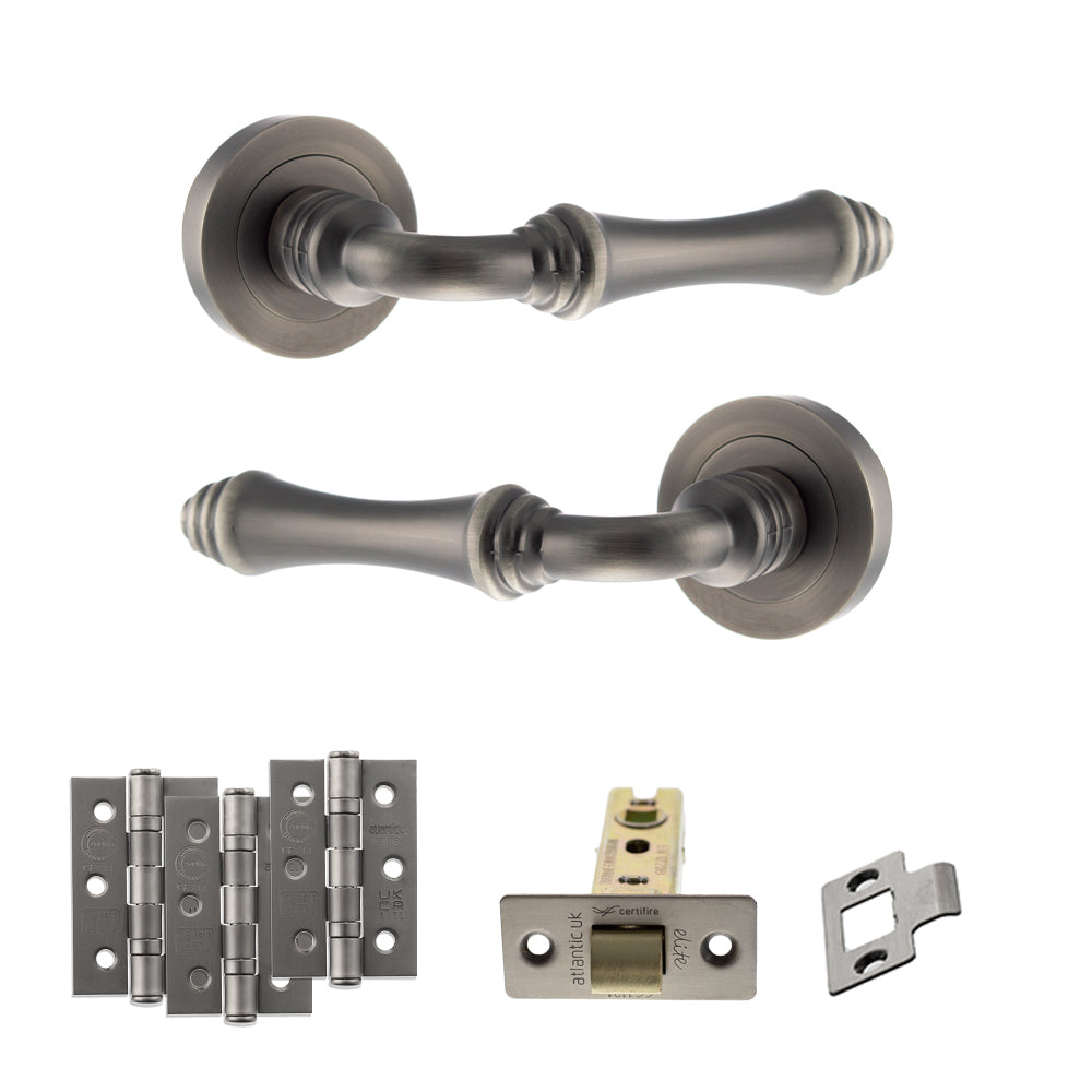Quality image of Old English Durham Door Handle Pack (Latch Set - 3" CE Latch, 3" Fire Rated Hinges x3) - Matt Gun Metal | Sku. adpoe127mbn2 | available from Trade Door Handles.