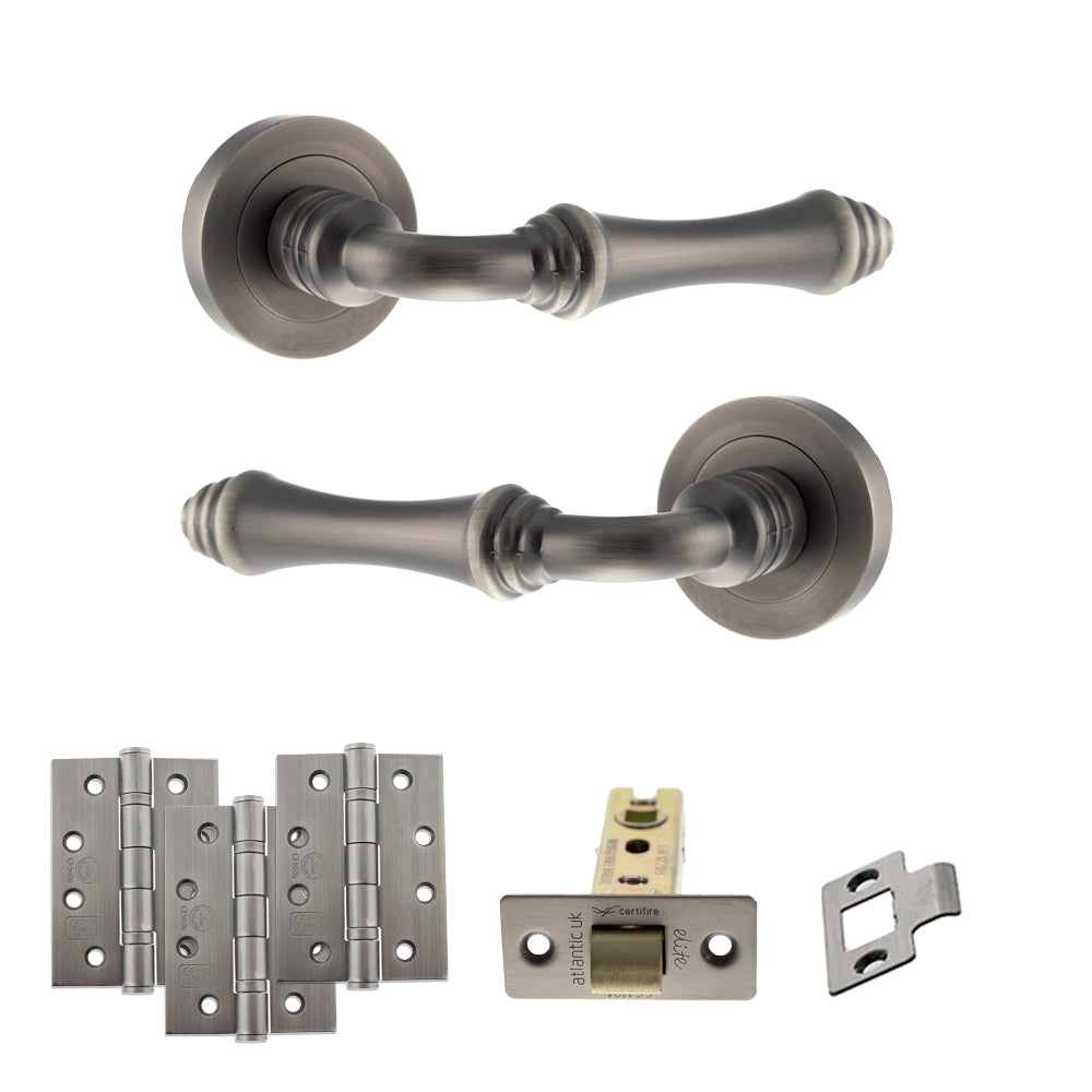 Quality image of Old English Durham Door Handle Pack (Latch Set - 3" CE Latch, 4" Fire Rated Hinges x3) - Matt Gun Metal | Sku. adpoe127mbn4 | available from Trade Door Handles.