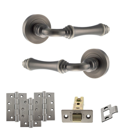 Quality image of Old English Durham Door Handle Pack (Latch Set - 3" CE Latch, 4" Fire Rated Hinges x3) - Matt Gun Metal | Sku. adpoe127mbn4 | available from Trade Door Handles.