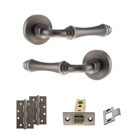 Quality image of Old English Durham Door Handle Pack (Latch Set - 3" CE Latch, 4" Slim Knuckle Hinges x2) - Matt Gun Metal | Sku. adpoe127mbn6 | available from Trade Door Handles.
