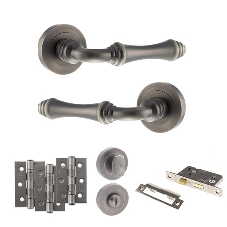 Quality image of Old English Durham Door Handle Pack (Bathroom Set - 2.5" CE Bathroom Lock, 3" Fire Rated Hinges x3) - Matt Gun Metal | Sku. adpoe127mbn8 | available from Trade Door Handles.