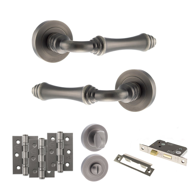 Quality image of Old English Durham Door Handle Pack (Bathroom Set - 2.5" CE Bathroom Lock, 3" Fire Rated Hinges x3) - Matt Gun Metal | Sku. adpoe127mbn8 | available from Trade Door Handles.