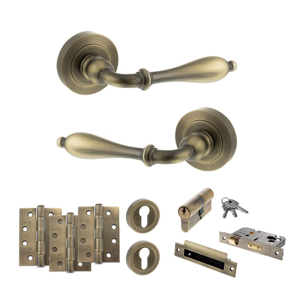 Quality image of Old English Wrexham Door Handle Pack (Euro Lock Set - 3" CE Sashlock, 4" Fire Rated Hinges x3) - Matt Antique Brass | Sku. adpoe142mab23 | available from Trade Door Handles.