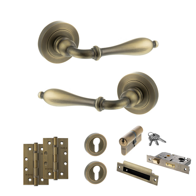 Quality image of Old English Wrexham Door Handle Pack (Euro Lock Set - 3" CE Sashlock, 4" Slim Knuckle Hinges x2) - Matt Antique Brass | Sku. adpoe142mab25 | available from Trade Door Handles.