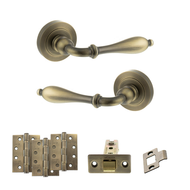 Quality image of Old English Wrexham Door Handle Pack (Latch Set - 2.5" CE Latch, 4" Fire Rated Hinges x3) - Matt Antique Brass | Sku. adpoe142mab3 | available from Trade Door Handles.