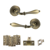 Quality image of Old English Wrexham Door Handle Pack (Latch Set - 3" CE Latch, 4" Fire Rated Hinges x3) - Matt Antique Brass | Sku. adpoe142mab4 | available from Trade Door Handles.