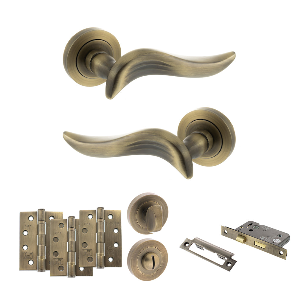 Quality image of Old English Oxford Door Handle Pack (Bathroom Set - 2.5" CE Bathroom Lock, 4" Fire Rated Hinges x3) - Matt Antique Brass | Sku. adpoe144mab10 | available from Trade Door Handles.