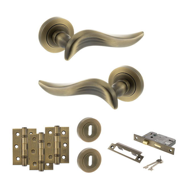 Quality image of Old English Oxford Door Handle Pack (3 Lever Lock Set - 2.5" CE Sashlock, 3" Fire Rated Hinges x3) - Matt Antique Brass | Sku. adpoe144mab14 | available from Trade Door Handles.
