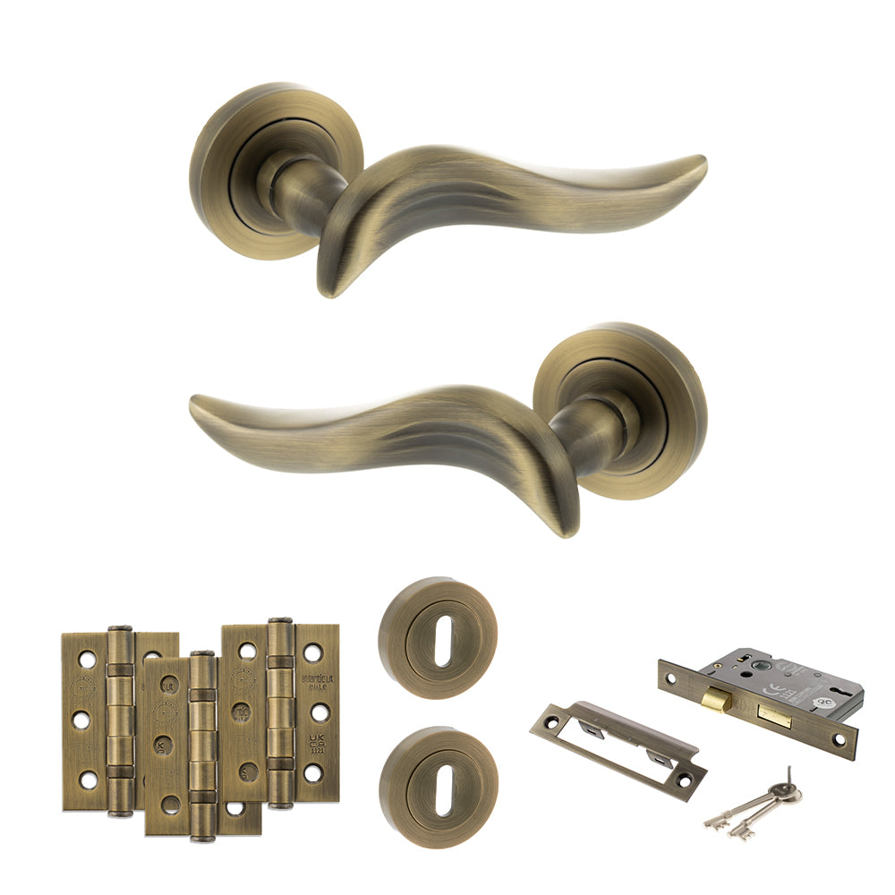 Quality image of Old English Oxford Door Handle Pack (3 Lever Lock Set - 3" CE Sashlock, 3" Fire Rated Hinges x3) - Matt Antique Brass | Sku. adpoe144mab15 | available from Trade Door Handles.