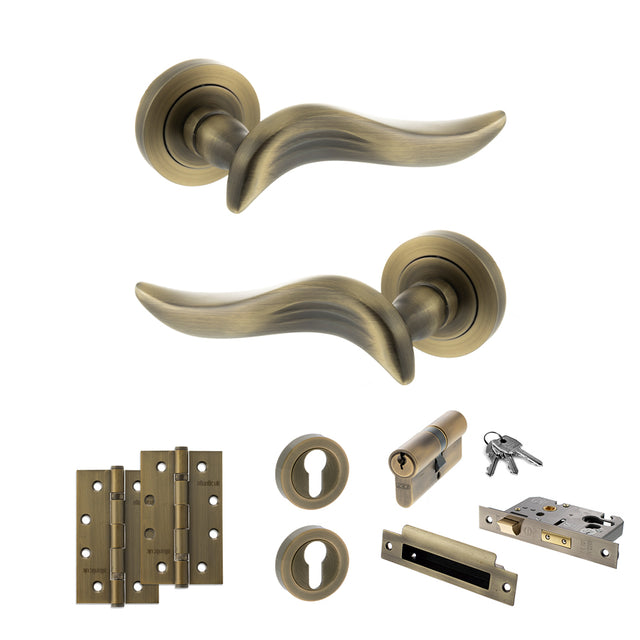 Quality image of Old English Oxford Door Handle Pack (Euro Lock Set - 2.5" CE Sashlock, 4" Slim Knuckle Hinges x2) - Matt Antique Brass | Sku. adpoe144mab24 | available from Trade Door Handles.