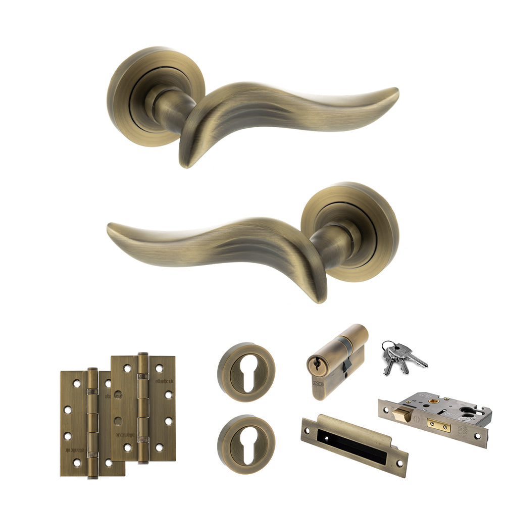 Quality image of Old English Oxford Door Handle Pack (Euro Lock Set - 3" CE Sashlock, 4" Slim Knuckle Hinges x2) - Matt Antique Brass | Sku. adpoe144mab25 | available from Trade Door Handles.