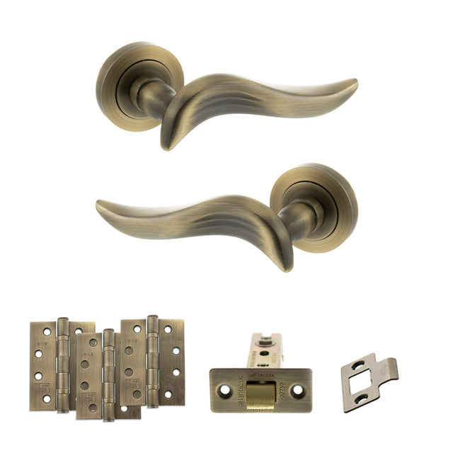 Quality image of Old English Oxford Door Handle Pack (Latch Set - 3" CE Latch, 4" Fire Rated Hinges x3) - Matt Antique Brass | Sku. adpoe144mab4 | available from Trade Door Handles.