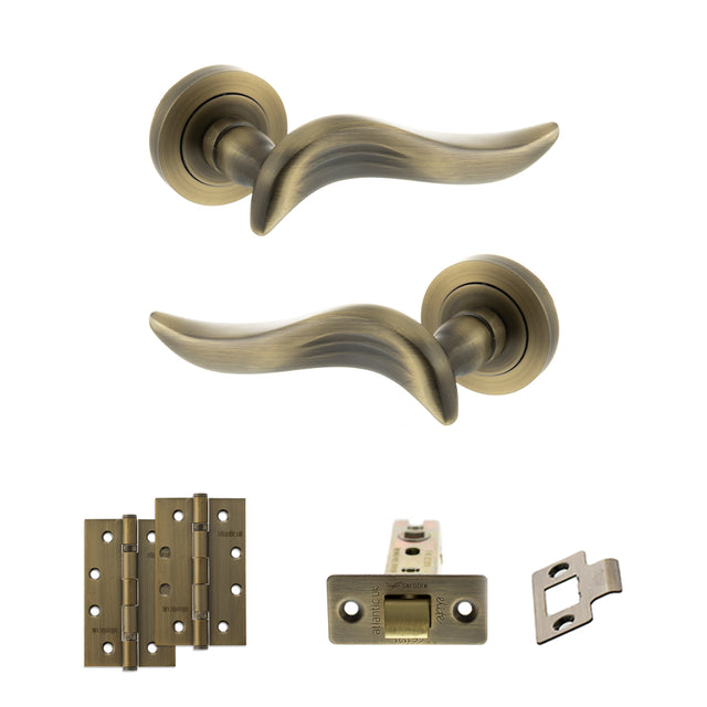 Quality image of Old English Oxford Door Handle Pack (Latch Set - 3" CE Latch, 4" Slim Knuckle Hinges x2) - Matt Antique Brass | Sku. adpoe144mab6 | available from Trade Door Handles.