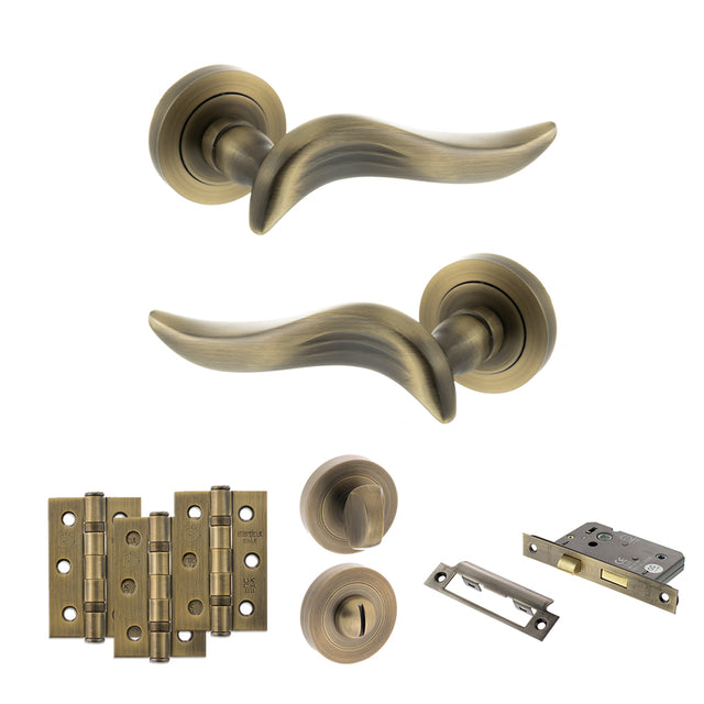 Quality image of Old English Oxford Door Handle Pack (Bathroom Set - 2.5" CE Bathroom Lock, 3" Fire Rated Hinges x3) - Matt Antique Brass | Sku. adpoe144mab8 | available from Trade Door Handles.