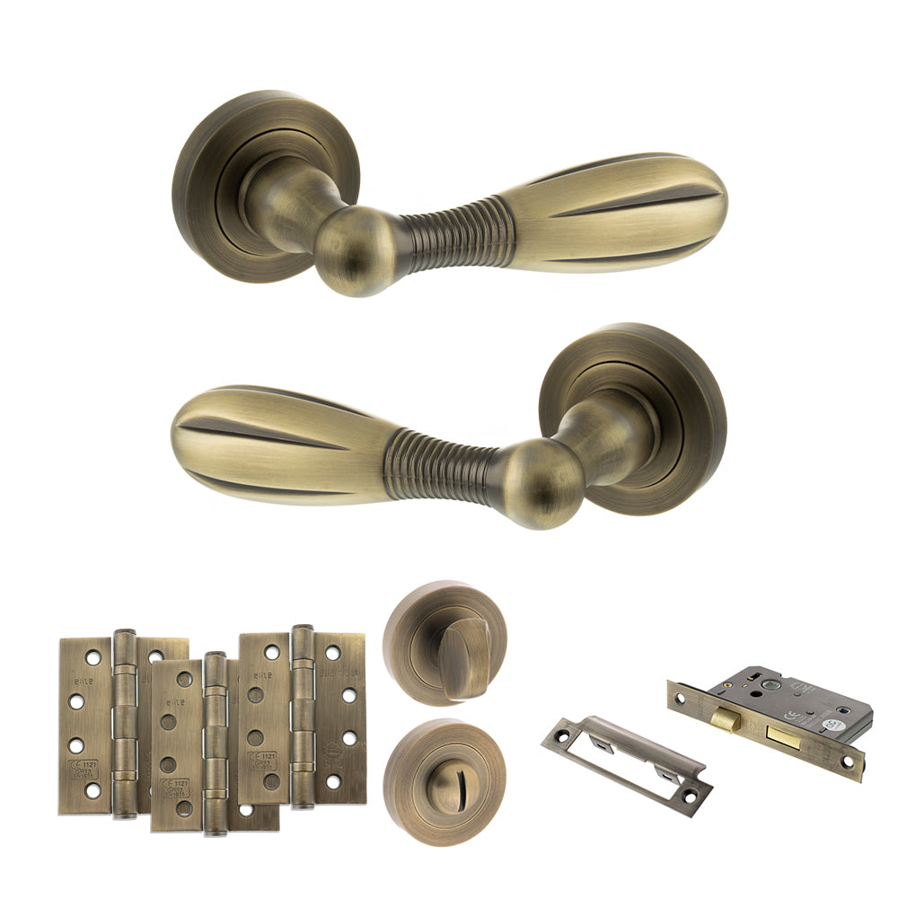 Quality image of Old English Cambridge Door Handle Pack (Bathroom Set - 3" CE Bathroom Lock, 4" Fire Rated Hinges x3) - Matt Antique Brass | Sku. adpoe175mab11 | available from Trade Door Handles.