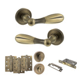 Quality image of Old English Cambridge Door Handle Pack (Bathroom Set - 3" CE Bathroom Lock, 4" Fire Rated Hinges x3) - Matt Antique Brass | Sku. adpoe175mab11 | available from Trade Door Handles.