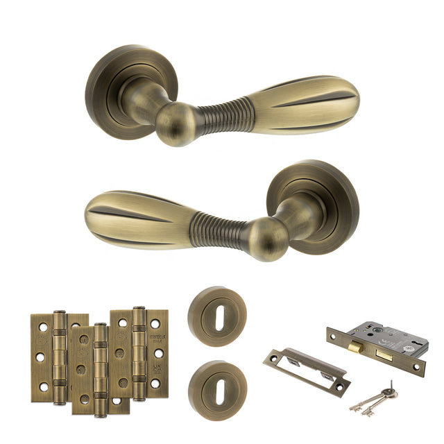 Quality image of Old English Cambridge Door Handle Pack (3 Lever Lock Set - 3" CE Sashlock, 3" Fire Rated Hinges x3) - Matt Antique Brass | Sku. adpoe175mab15 | available from Trade Door Handles.