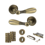 Quality image of Old English Cambridge Door Handle Pack (3 Lever Lock Set - 2.5" CE Sashlock, 4" Slim Knuckle Hinges x2) - Matt Antique Brass | Sku. adpoe175mab18 | available from Trade Door Handles.