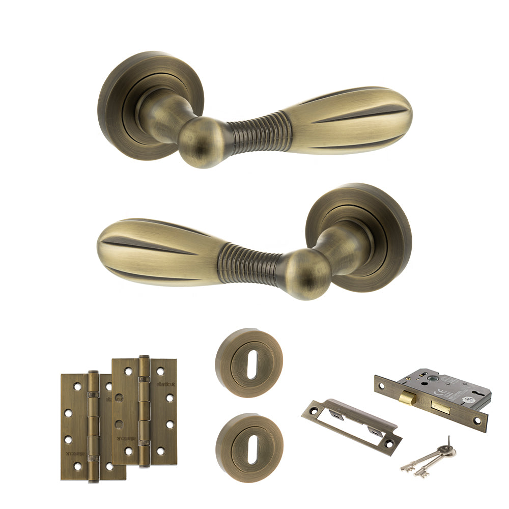 Quality image of Old English Cambridge Door Handle Pack (3 Lever Lock Set - 3" CE Sashlock, 4" Slim Knuckle Hinges x2) - Matt Antique Brass | Sku. adpoe175mab19 | available from Trade Door Handles.