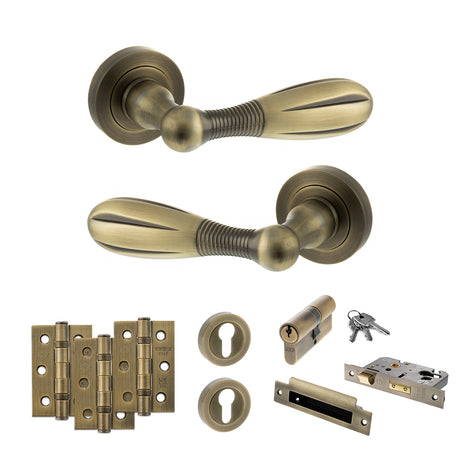 Quality image of Old English Cambridge Door Handle Pack (Euro Lock Set - 2.5" CE Sashlock, 3" Fire Rated Hinges x3) - Matt Antique Brass | Sku. adpoe175mab20 | available from Trade Door Handles.