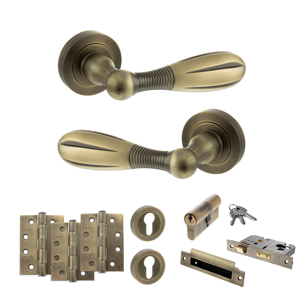 Quality image of Old English Cambridge Door Handle Pack (Euro Lock Set - 2.5" CE Sashlock, 4" Fire Rated Hinges x3) - Matt Antique Brass | Sku. adpoe175mab22 | available from Trade Door Handles.