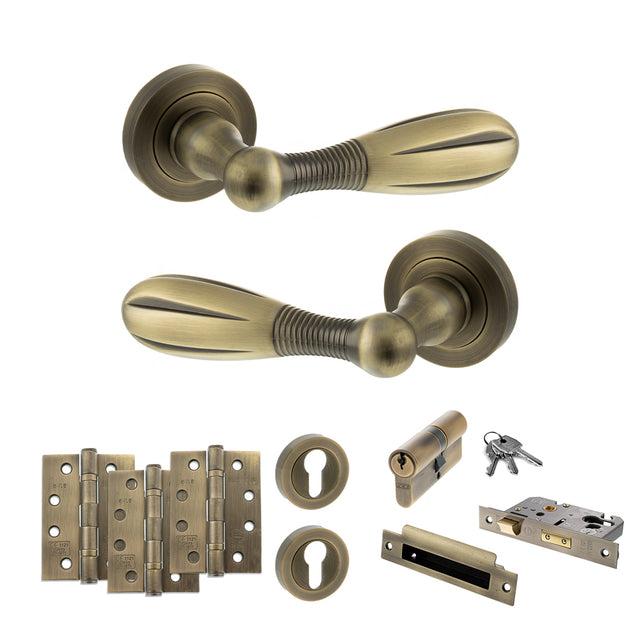 Quality image of Old English Cambridge Door Handle Pack (Euro Lock Set - 3" CE Sashlock, 4" Fire Rated Hinges x3) - Matt Antique Brass | Sku. adpoe175mab23 | available from Trade Door Handles.