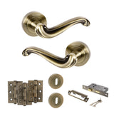 Quality image of Old English Colchester Door Handle Pack (3 Lever Lock Set - 2.5" CE Sashlock, 3" Fire Rated Hinges x3) - Antique Brass | Sku. adpoe177ab14 | available from Trade Door Handles.