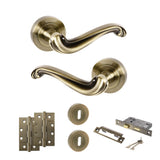 Quality image of Old English Colchester Door Handle Pack (3 Lever Lock Set - 2.5" CE Sashlock, 4" Slim Knuckle Hinges x2) - Antique Brass | Sku. adpoe177ab18 | available from Trade Door Handles.