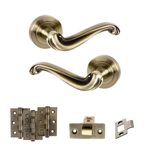 Quality image of Old English Colchester Door Handle Pack (Latch Set - 2.5" CE Latch, 3" Fire Rated Hinges x3) - Antique Brass | Sku. adpoe177ab1 | available from Trade Door Handles.