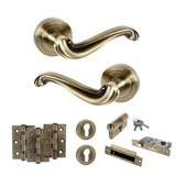 Quality image of Old English Colchester Door Handle Pack (Euro Lock Set - 3" CE Sashlock, 3" Fire Rated Hinges x3) - Antique Brass | Sku. adpoe177ab21 | available from Trade Door Handles.