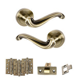 Quality image of Old English Colchester Door Handle Pack (Latch Set - 3" CE Latch, 4" Fire Rated Hinges x3) - Antique Brass | Sku. adpoe177ab4 | available from Trade Door Handles.