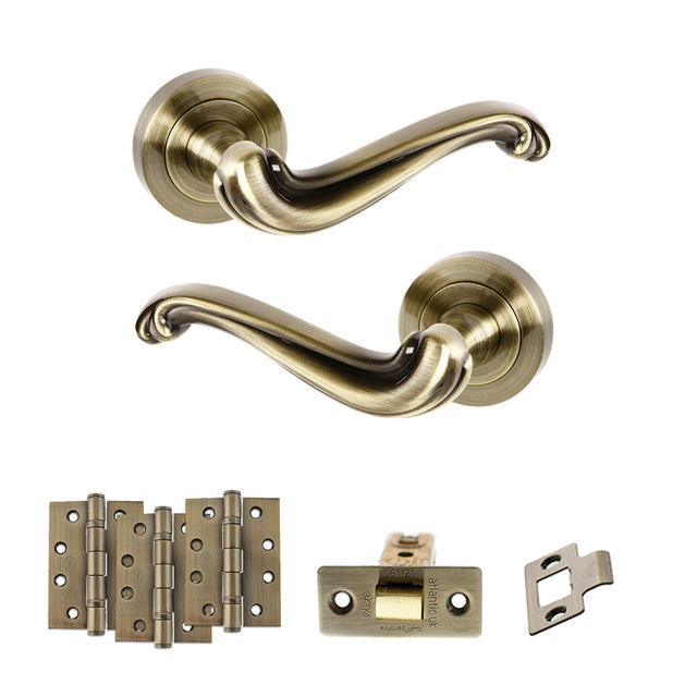 Quality image of Old English Colchester Door Handle Pack (Latch Set - 3" CE Latch, 4" Fire Rated Hinges x3) - Antique Brass | Sku. adpoe177ab4 | available from Trade Door Handles.