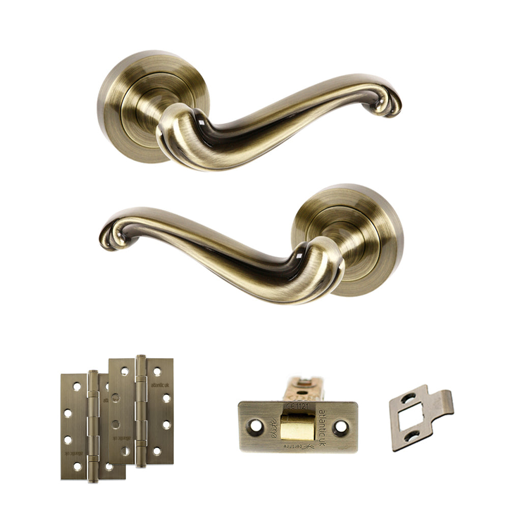 Quality image of Old English Colchester Door Handle Pack (Latch Set - 3" CE Latch, 4" Slim Knuckle Hinges x2) - Antique Brass | Sku. adpoe177ab6 | available from Trade Door Handles.
