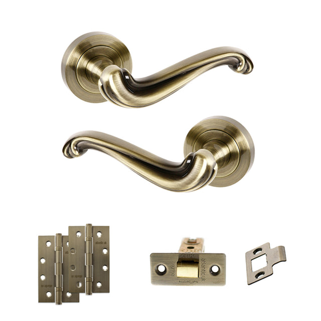 Quality image of Old English Colchester Door Handle Pack (Latch Set - 3" CE Latch, 4" Slim Knuckle Hinges x2) - Antique Brass | Sku. adpoe177ab6 | available from Trade Door Handles.