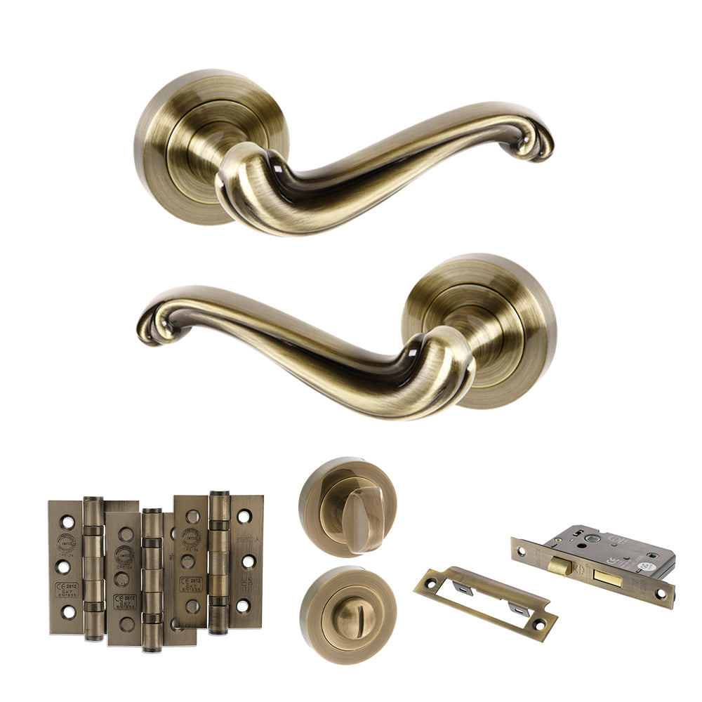 Quality image of Old English Colchester Door Handle Pack (Bathroom Set - 3" CE Bathroom Lock, 3" Fire Rated Hinges x3) - Antique Brass | Sku. adpoe177ab9 | available from Trade Door Handles.