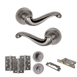 Quality image of Old English Colchester Door Handle Pack (Bathroom Set - 2.5" CE Bathroom Lock, 4" Fire Rated Hinges x3) - Distressed Silver | Sku. adpoe177ds10 | available from Trade Door Handles.