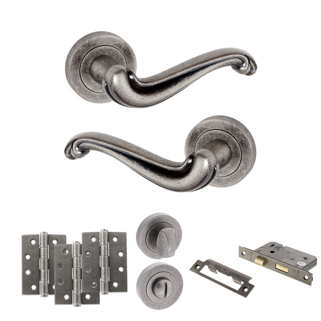 Quality image of Old English Colchester Door Handle Pack (Bathroom Set - 2.5" CE Bathroom Lock, 4" Fire Rated Hinges x3) - Distressed Silver | Sku. adpoe177ds10 | available from Trade Door Handles.