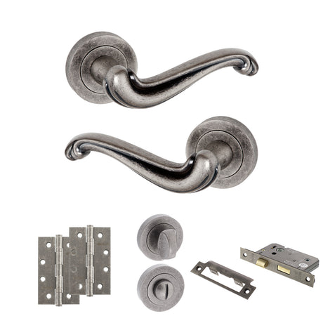 Quality image of Old English Colchester Door Handle Pack (Bathroom Set - 2.5" CE Bathroom Lock, 4" Slim Knuckle Hinges x2) - Distressed Silver | Sku. adpoe177ds12 | available from Trade Door Handles.