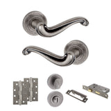 Quality image of Old English Colchester Door Handle Pack (Bathroom Set - 3" CE Bathroom Lock, 4" Slim Knuckle Hinges x2) - Distressed Silver | Sku. adpoe177ds13 | available from Trade Door Handles.
