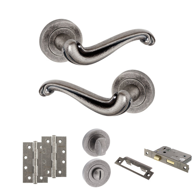 Quality image of Old English Colchester Door Handle Pack (Bathroom Set - 3" CE Bathroom Lock, 4" Slim Knuckle Hinges x2) - Distressed Silver | Sku. adpoe177ds13 | available from Trade Door Handles.